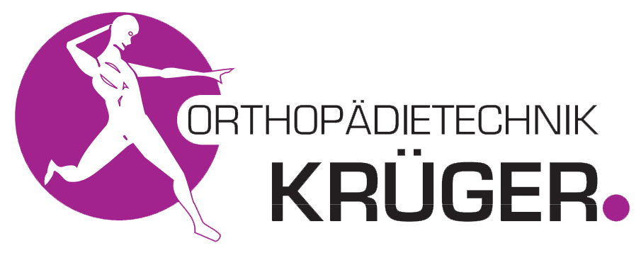 Logo von Orthopädietechnik Krüger: Eine stilisierte, laufende Figur in Weiß vor einem lila Kreis, daneben der Schriftzug 'Orthopädietechnik Krüger' in Schwarz mit einem lila Punkt am Ende.